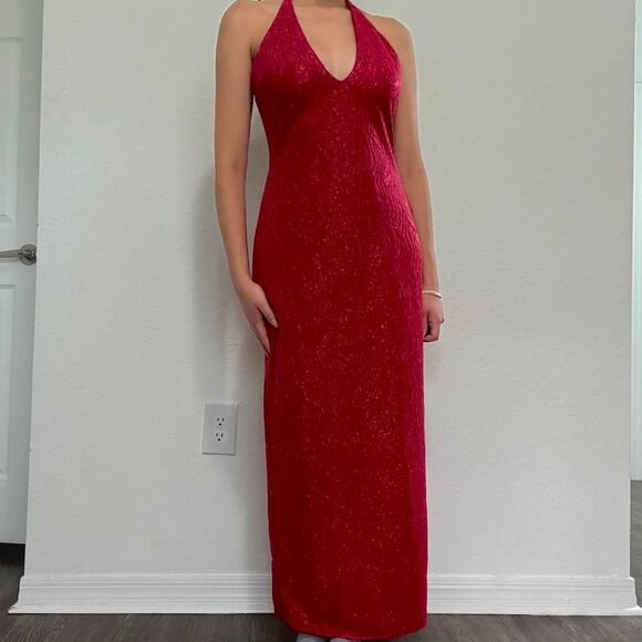 2000s hot pink halter maxi dress by Jessica McClintock for Gunne Sax - Picture 3 of 8